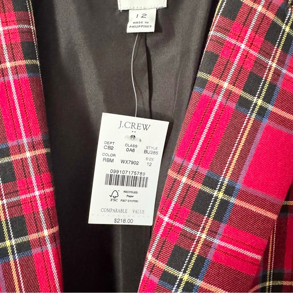 NWT J.Crew Red Tartan Plaid Blazer Jacket Structured Stretch Size 12 - Picture 6 of 11